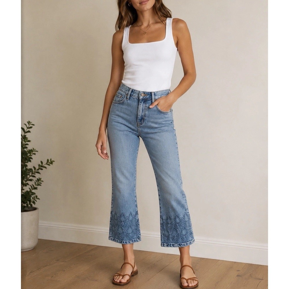 Boden Light Blue Cropped Embroidered Hem Jeans